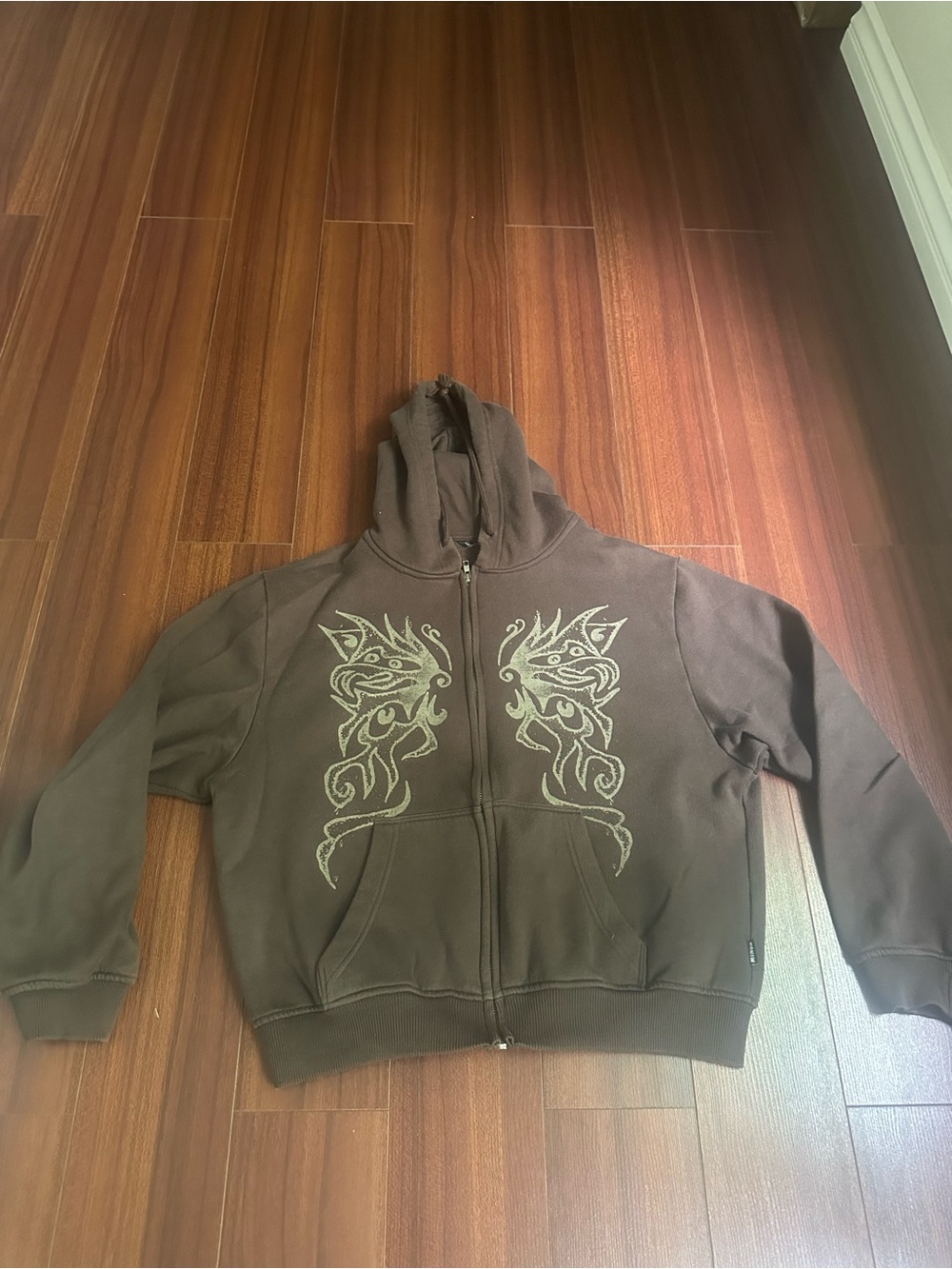 Kits Brown Hooded Zip-Up Puffer Jacket with Tribal Chest Design